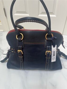 Women's Navy Leather Satchel Handbag with Gold Hardware